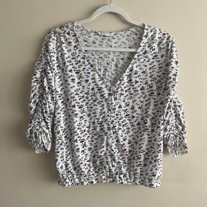Lucky Brand Floral Ditsy Print Ruched Sleeve Top Size M 100% Cotton